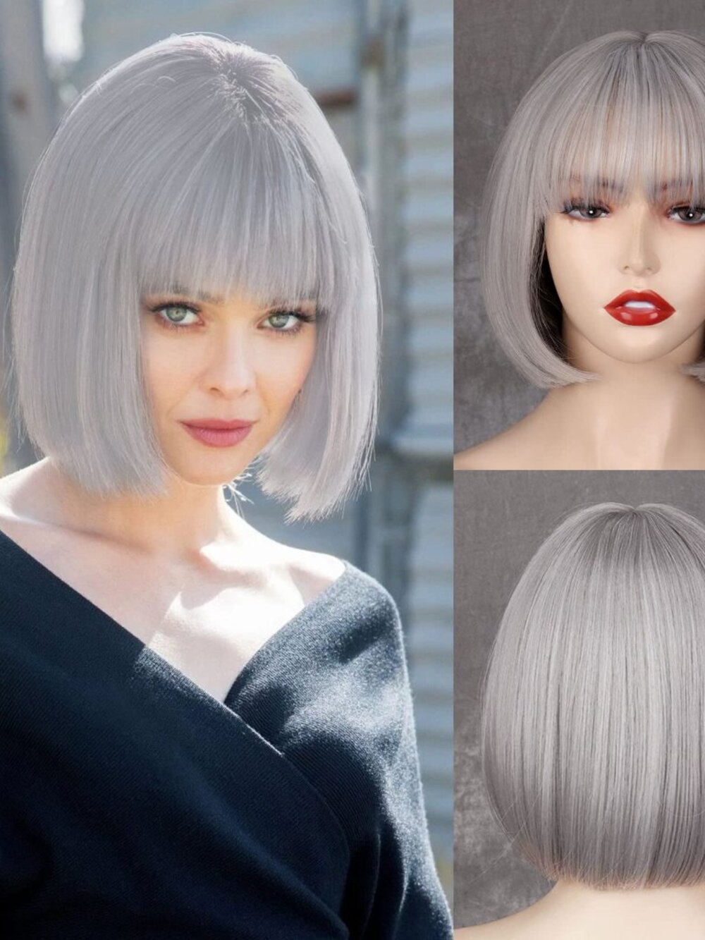 WERD Silver Bob Wig with Bangs, Short Bob Grey Wig